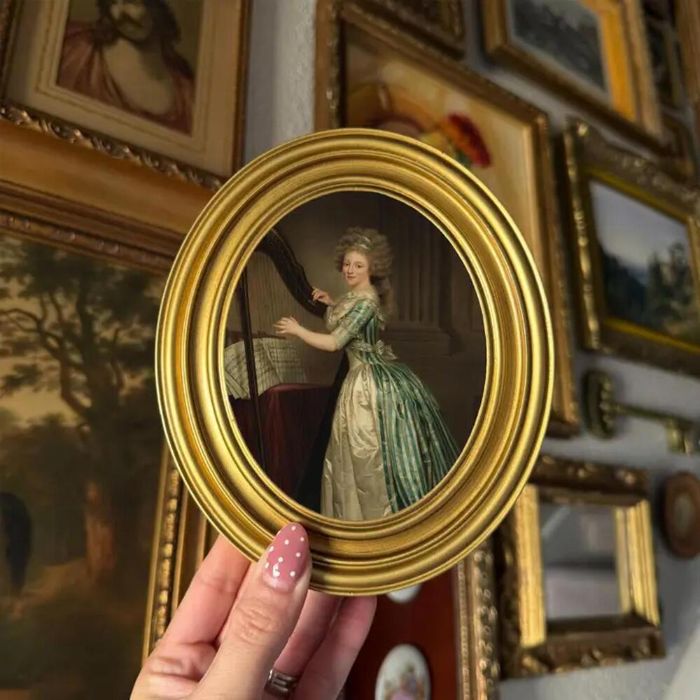 Vintage Style Lady Playing Harp Art Print Framed Oval